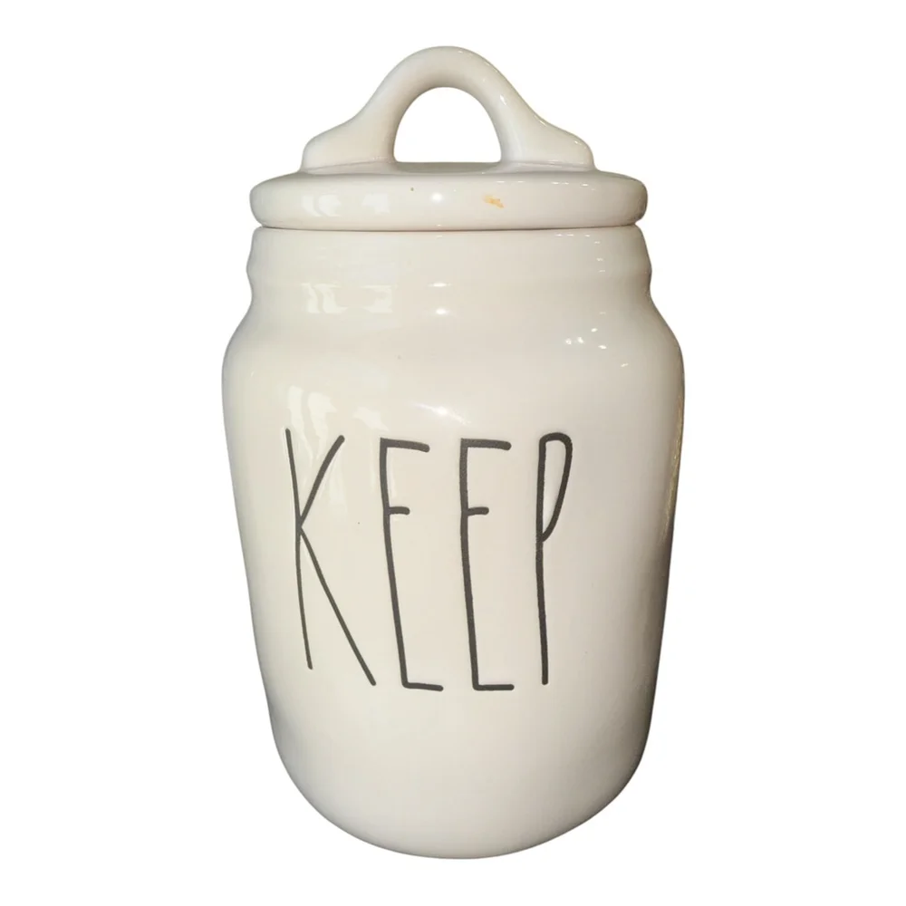 Ceramic Keep Storage Canister, White Farmhouse Style, 7 x 4 inches